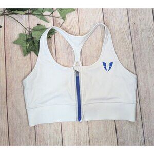 FIRM ABS Women's Sports Bra Athletic White Zip Up Blue Logo Size Large